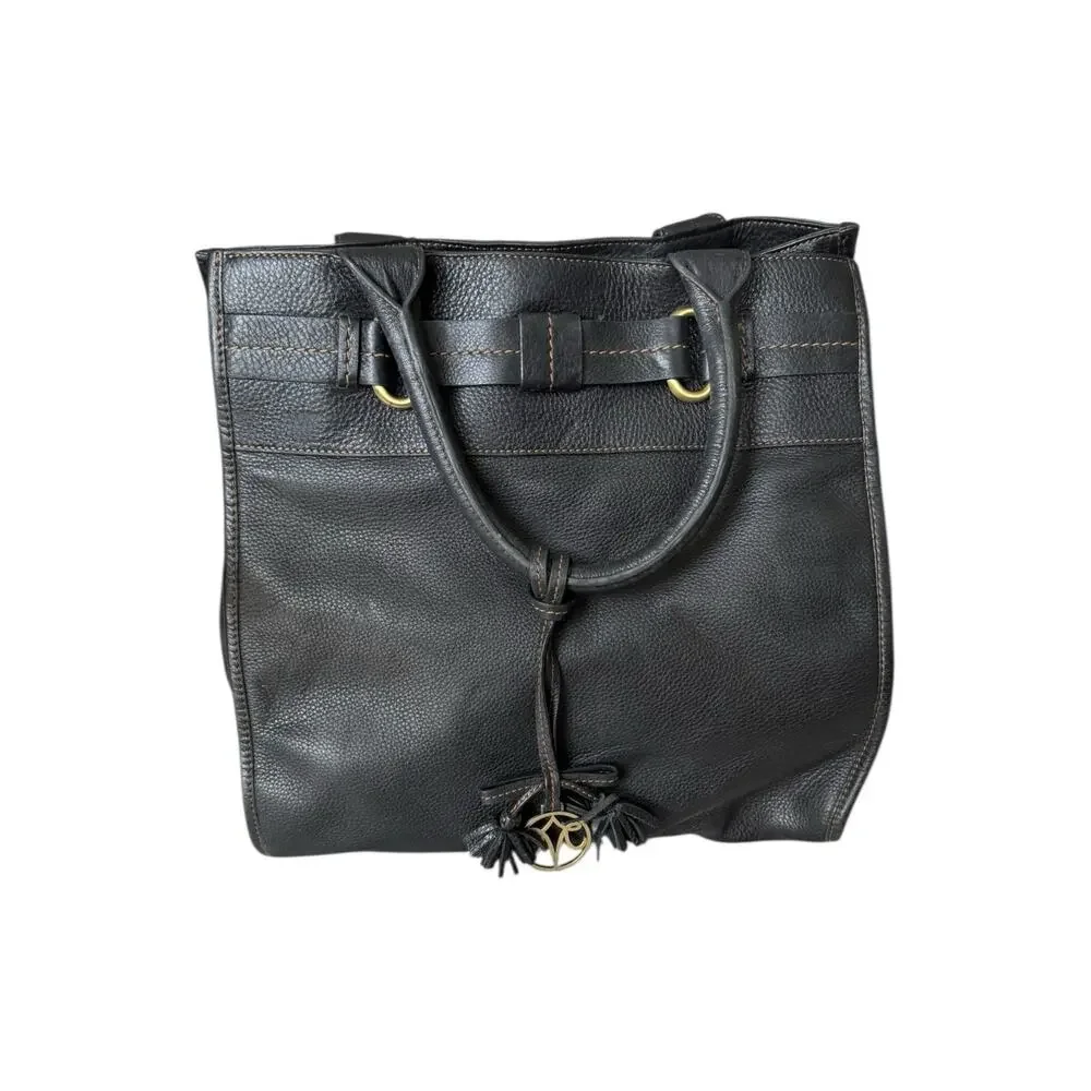 Johnston & Murphy Black Leather Tote Bag Purse Gold Logo Charm | Large Interior